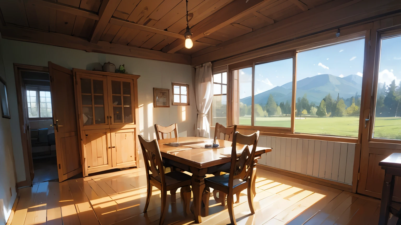 Ein Wohnzimmer in einem kanadischen Holzhaus, durch die Fenster sieht man den Wald