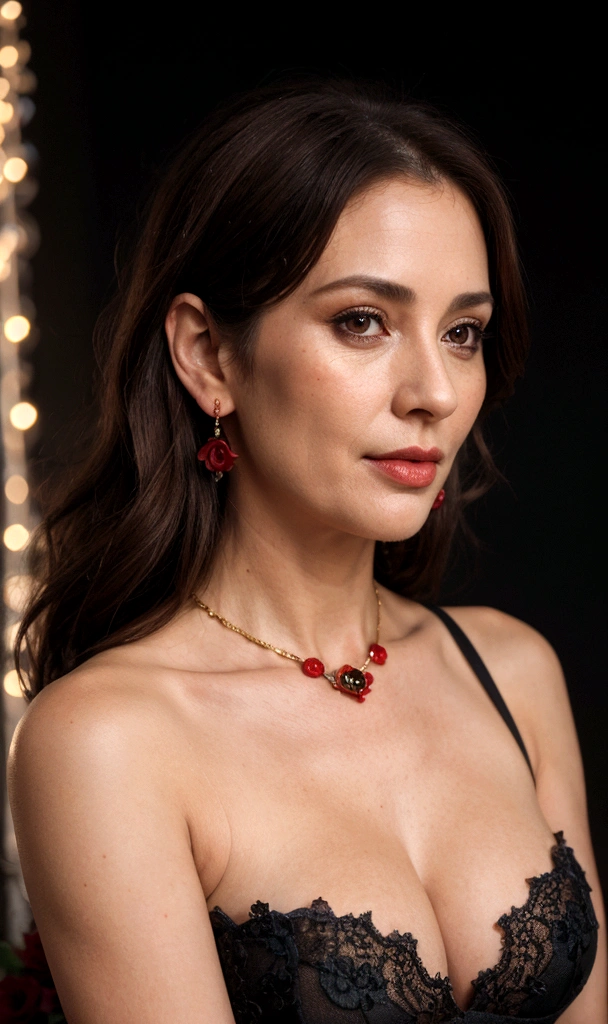8k, RAW photo, Fujifilm, style photo of a beautiful 45 year old woman, square face, a red rose on the neck, wearing black lace dress with red, golden earrings, strong features like a spinning dove, (highly detailed skin: 1.2), medium brown hair with lights, film grain, 35mm, cute style