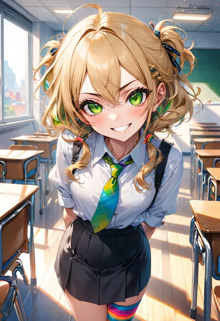 A mischievous girl with a sly grin, standing in a school classroom. She has sharp, narrow eyes giving a teasing look, and her eyebrows are raised in a playful manner. She wears a  with a playful twist: a colorful tie, funky socks, and a few quirky accessories like bracelets and hair clips..  in the city near a hotel.,(masterpiece:1.3),(highest quality:1.4),(ultra detailed:1.5),High resolution,extremely detailed,unity 8k wallpaper, blonde hair, green eyes