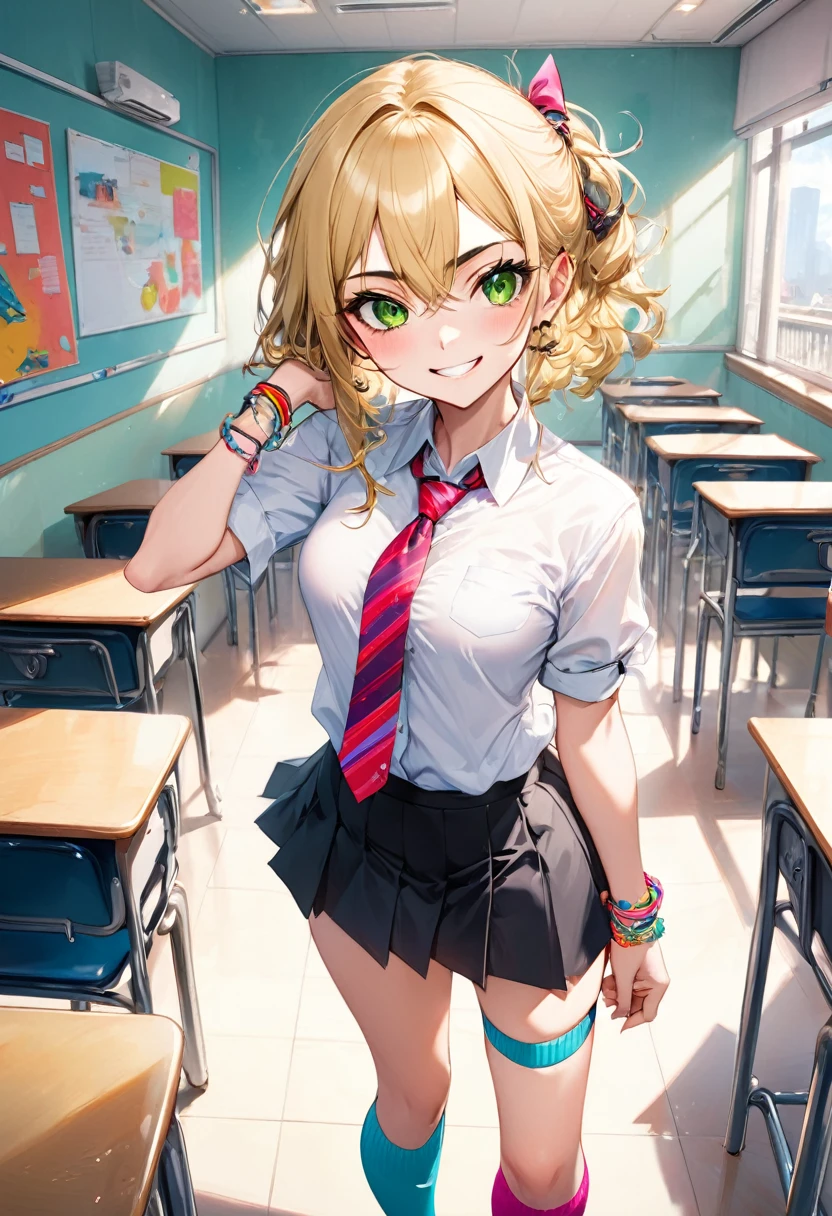 A mischievous girl with a sly grin, standing in a school classroom. She has sharp, narrow eyes giving a teasing look, and her eyebrows are raised in a playful manner. She wears a  with a playful twist: a colorful tie, funky socks, and a few quirky accessories like bracelets and hair clips..  in the city near a hotel.,(masterpiece:1.3),(highest quality:1.4),(ultra detailed:1.5),High resolution,extremely detailed,unity 8k wallpaper, blonde hair, green eyes