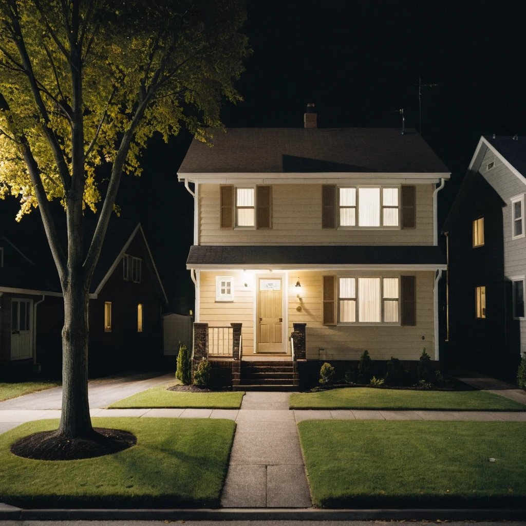 night shot of a typical townhouse from the 1970s, during the Motown era. The townhouse should be located in a suburban area, with a mix of single-family homes and apartment buildings. The house should be a two-story, single-family residence with a pitched roof, vinyl siding, and a small front yard with a lawn and a few trees.
The exterior should feature a warm, earthy color palette with a combination of brown, beige, and cream tones. The roof should be a dark brown or black asphalt shingle material. The windows should be double-hung, with white or cream-colored frames and shutters.
The front door should be a wooden with a brass or chrome door handle. The porch should be a small, covered area with a simple railing and a few steps leading up to the door, at night, the light is on in a bedroom on the second floor (gaussian blur:1.1) (high key photo masterpiece:1.2) raw photo, (film grain:1.3), depth field, bokeh, Best quality, masterpiece, ultra high res, (photorealistic:1.4), (smooth light:1.4), photorealistic, cinematic lighting, volumetric lighting, highly detailed and intricate