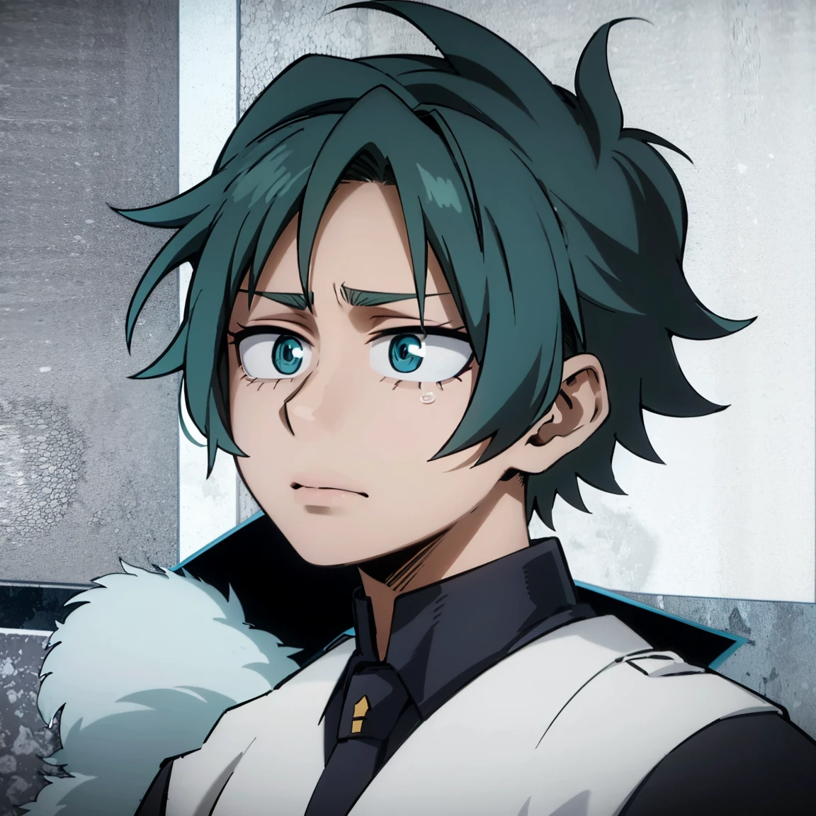 1boy, male focus, boku no hero academia, masterpiece, best quality, very aesthetic, absurdres, medium messy hair, turquoise hair, blue eyes, cry, shy, gray jacket, red tie, white shirt, teal pants, boots