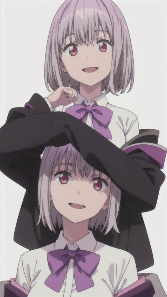 alone, One girl, View your viewers, 2D, anime, anime coloring, Upper Body, (White background:1.3), Akane Shinjo, White shirt, bow tie, Off the shoulder, Jacket,,too evil smile,smile worst,looking down at viewer,laugh worst,too evil laugh,deep shaded face,laugh face,big monster ,dark purple background,