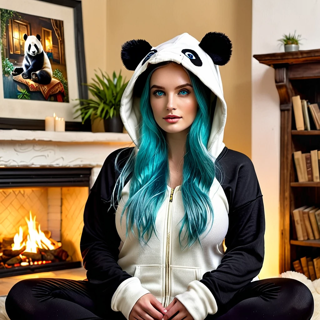 Generate a (hyperdetailed, realistic, Full Body), photo of Nia, (((turquoise color eyes))), (((long, silky, straight, Ombre blend of shimmering silver and celestial blue hair))), (((Position Nia with her long, silky hair styled in a Soft, loose waves hairstyle, strands framing her face delicately))), (fair skin:1.4), (((Large round natural breasts with deep cleavage))), (Large Breasts:1.6), (Greek and Russian mix ethnicity), (hourglass figure, perfect body, NSFW, perfect anatomy, masterpiece, best quality). (((She is wearing a skin tight Black and White Panda hoodie with Black Pajamas, the soft fabric complementing her curves))). Nia is seated on a plush bean bag near the roaring fireplace, her loose waves hair draped over one shoulder. She's wearing the panda hoodie with the hood up, showcasing the cute panda ears. Her legs are crossed comfortably, and she's deeply engrossed in a mythology book resting on her lap. The warm glow from the fireplace casts a cozy light across her face and the room, highlighting the soft texture of the hoodie. The background includes a rustic bookshelf filled with books and a few decorative plants, adding to the homely ambiance. She is wearing a skin tight Black and White Panda hoodie with Black Pajamas. 8k, (Fit, Athletic, Tall), (Large Breasts), (Highly detailed facial and skin texture), (Best quality, ultra detailed, Golden ratio, Masterpiece:1.2), (Theatrical lighting:0.7, Perfect rare face), (Highly detailed skin), skin texture, Pale skin, shiny skin, (thin, large size:1.2), [:(Sharp focus on rare face, perfect eyes:1.2):0.2], hyperdetailed photography, UHD, realistic skin texture, shot with Canon EOS 5D Mark IV and Canon EF 50mm f/1.4 USM lens, highly detailed.
