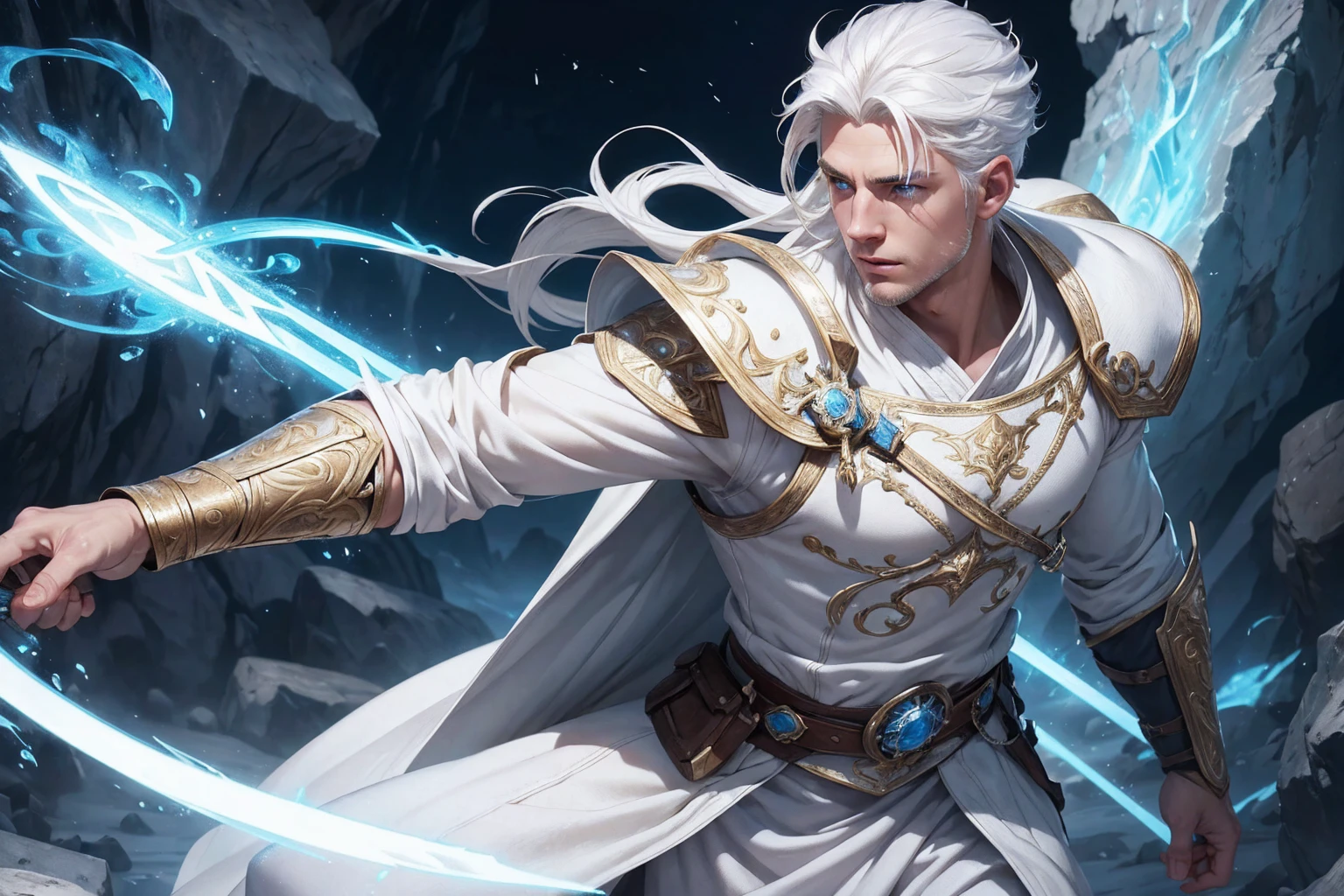 a young, handsome, white-haired warrior, explorer, detailed splash art, white clothes, blue eyes, high quality, 8k, masterpiece, hyperrealistic, photorealistic, realistic, intricate details, dramatic lighting, cinematic composition, vibrant colors, fantasy art, full body Sem Nenhum Defeito
