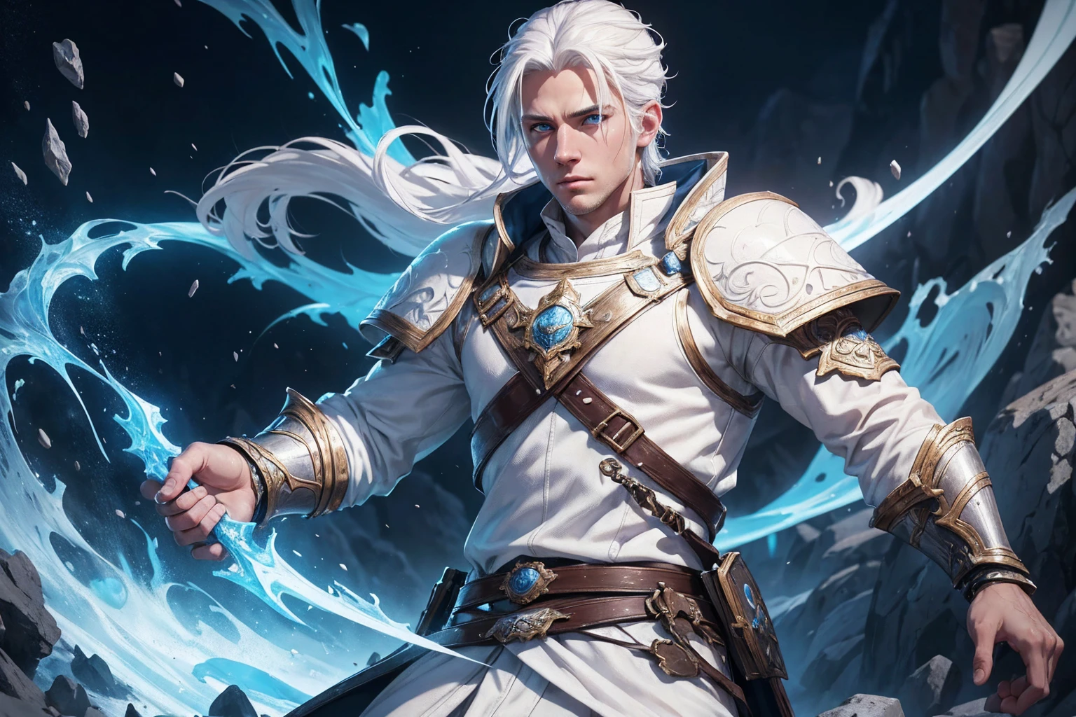 a young, handsome, white-haired warrior, explorer, detailed splash art, white clothes, blue eyes, high quality, 8k, masterpiece, hyperrealistic, photorealistic, realistic, intricate details, dramatic lighting, cinematic composition, vibrant colors, fantasy art, full body Sem Nenhum Defeito