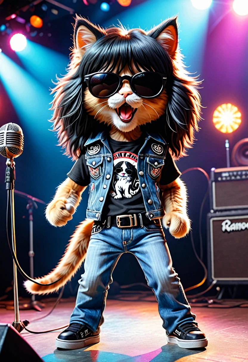 anthropomorphic kitten fluffy cartoon with very long hair black with bangs, singing with microphone in hand (black sunglasses with oval lenses) by Joey Ramone digital painting 3d cosplay Ramones pants jeans, All Star shoes in the background concert stage with several lights blue, isometric view, Cinematic, Hyperrealistic, Backlit, Extremely low angle, Highly detailed, scaled down, Unrealistic rendering, 16K
cover Ramones