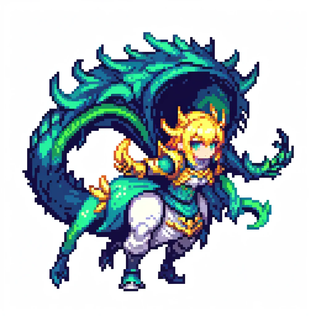 masterpiece , best quality , pixel art , 1 dragon , fantasy clothes , full body , white background