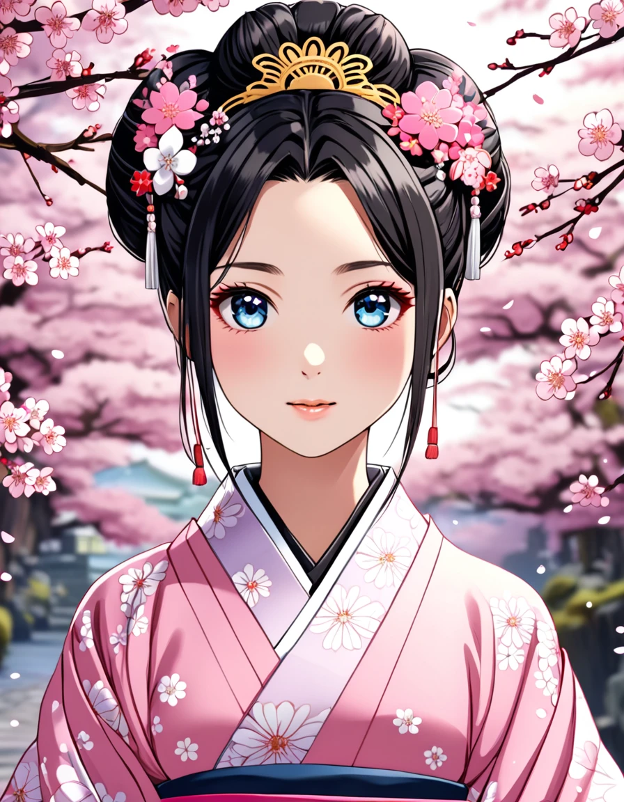 Crie uma imagem de uma princesa japonesa bonita de 21 anos. She must have straight black hair tied in a traditional Japanese bun, adorned with various traditional Japanese accessories. Her eyes are blue and she is wearing a traditional feminine pink dress.'It's a kimono.. The scene takes place in a Sakura forest in full bloom...