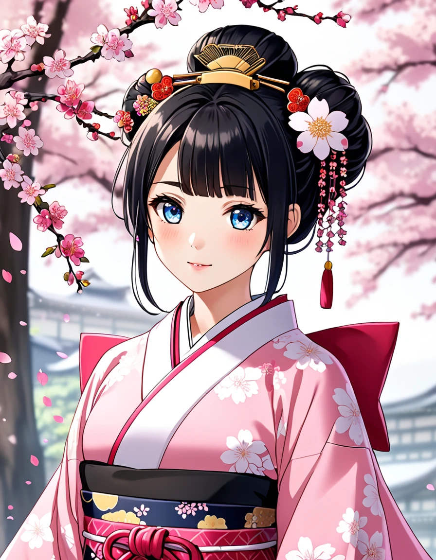 Crie uma imagem de uma princesa japonesa bonita de 21 anos. She must have straight black hair tied in a traditional Japanese bun, adorned with various traditional Japanese accessories. Her eyes are blue and she is wearing a traditional feminine pink dress.'It's a kimono.. The scene takes place in a Sakura forest in full bloom...