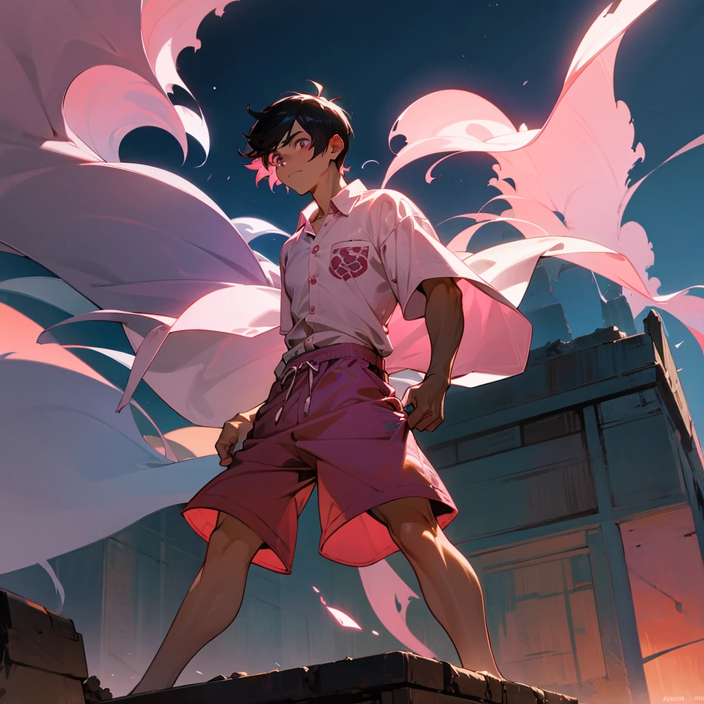 1male, adult, finely detailed navajo eyes, wild short hair, rose quartz hair color, open button down hawaii shirt, gym shorts, standing on ruined building, night time, somber expression, muscular, excited expression