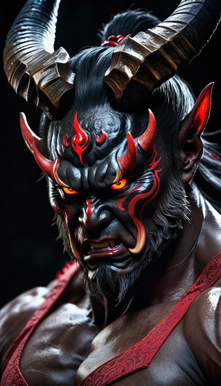 Realistic oni, intense expression, detailed skin texture, menacing aura, traditional Japanese attire, glowing red eyes, muscular build, intricate horns, dark background, cinematic lighting, high detail, photorealistic, ultra HD