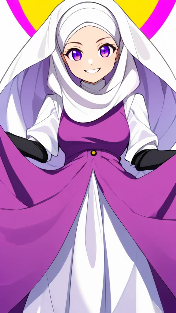 Tomboy, Mature, Smart, purple pupil eyes, wearing white hijab, Wearing long purple dress, Women's white fabric gloves, female black shoes, happy face, vivid colours, anime style, white background,