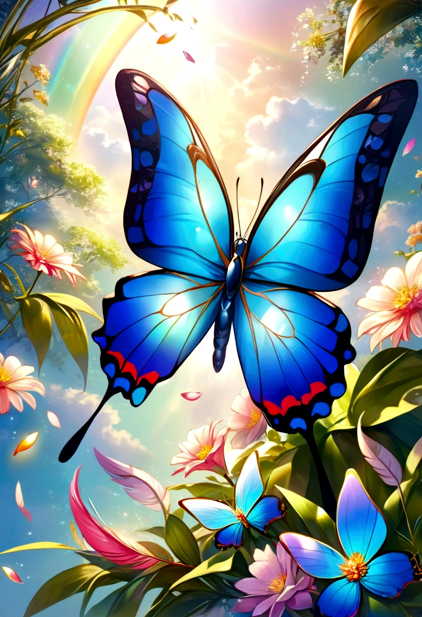 The background is greenblue,moon light,All expressed with jewels, the arrival of spring, various beautiful flower
, Beautiful Rainbow-colored feathers swallowtail butterfly,angles looking up from below, various jewels falling from the sky, wonderful and beautiful superb view, slightly hazy, fantastic, high resolution, 8K, (best quality, highres, realistic:1.37), shiny metallic flowers, intricate and delicate petals, reflective surfaces, vibrant colors, intricate details, close-up view, surreal garden, surreal beauty, dreamy atmosphere, fine art, abstract botanicals, metallic sculpture, contrasting textures, ethereal glow