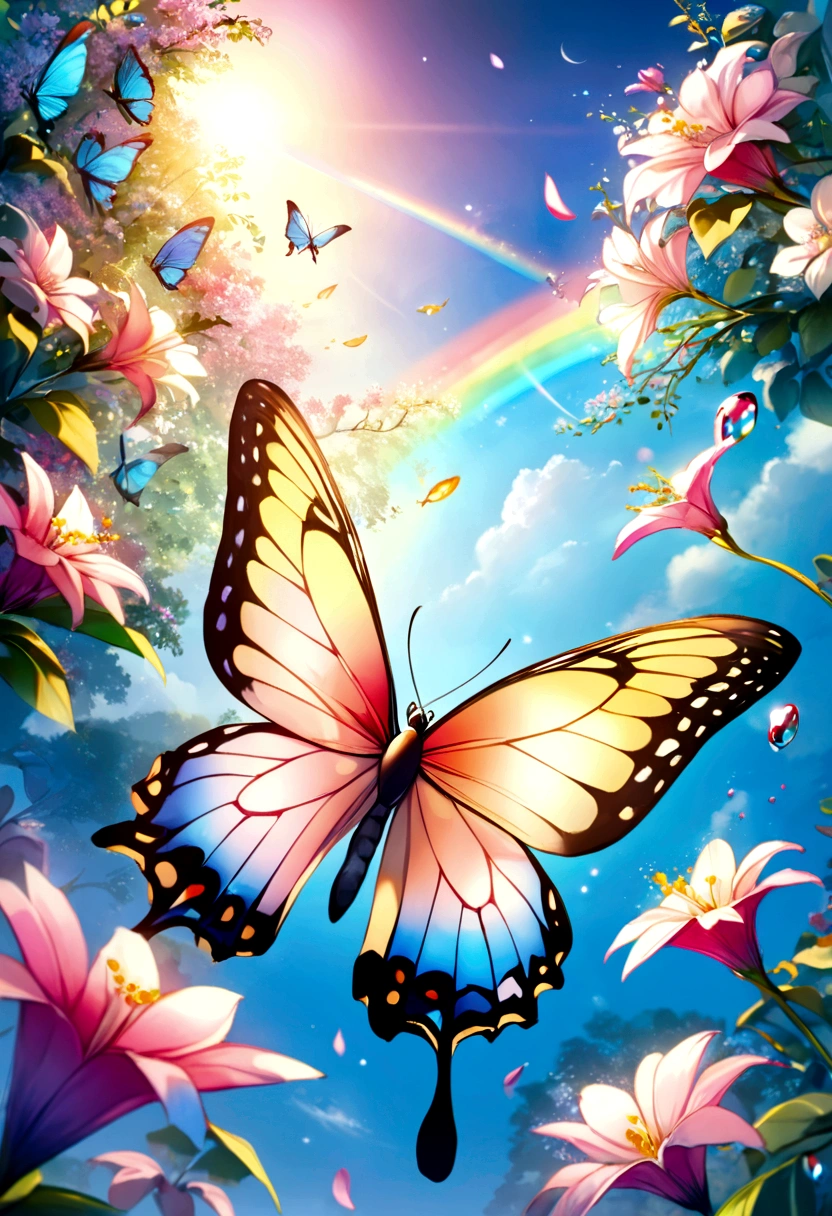 The background is greenblue,moon light,All expressed with jewels, the arrival of spring, various beautiful flower
, Beautiful Rainbow-colored feathers swallowtail butterfly,angles looking up from below, various jewels falling from the sky, wonderful and beautiful superb view, slightly hazy, fantastic, high resolution, 8K, (best quality, highres, realistic:1.37), shiny metallic flowers, intricate and delicate petals, reflective surfaces, vibrant colors, intricate details, close-up view, surreal garden, surreal beauty, dreamy atmosphere, fine art, abstract botanicals, metallic sculpture, contrasting textures, ethereal glow