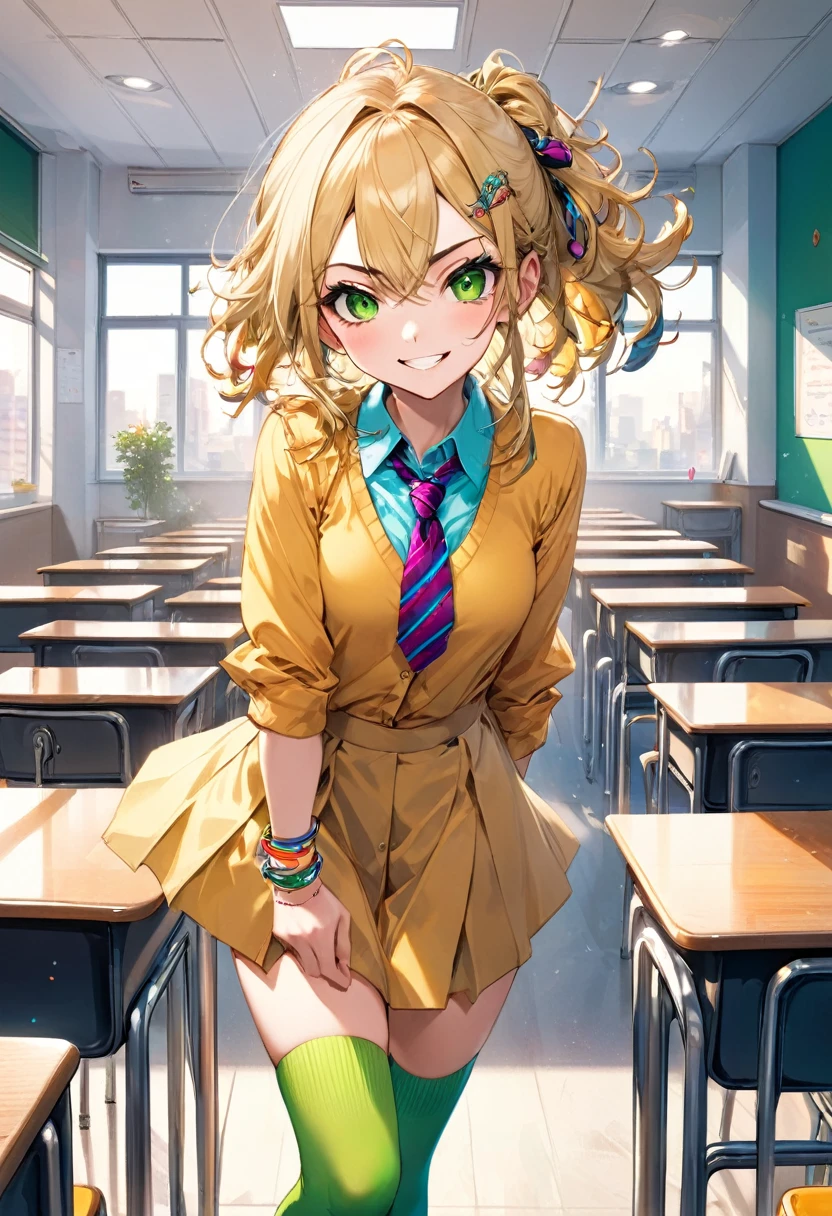 A mischievous girl with a sly grin, standing in a school classroom. She has sharp, narrow eyes giving a teasing look, and her eyebrows are raised in a playful manner. She wears a  with a playful twist: a colorful tie, funky socks, and a few quirky accessories like bracelets and hair clips..  in the city near a hotel.,(masterpiece:1.3),(highest quality:1.4),(ultra detailed:1.5),High resolution,extremely detailed,unity 8k wallpaper, blonde hair, green eyes