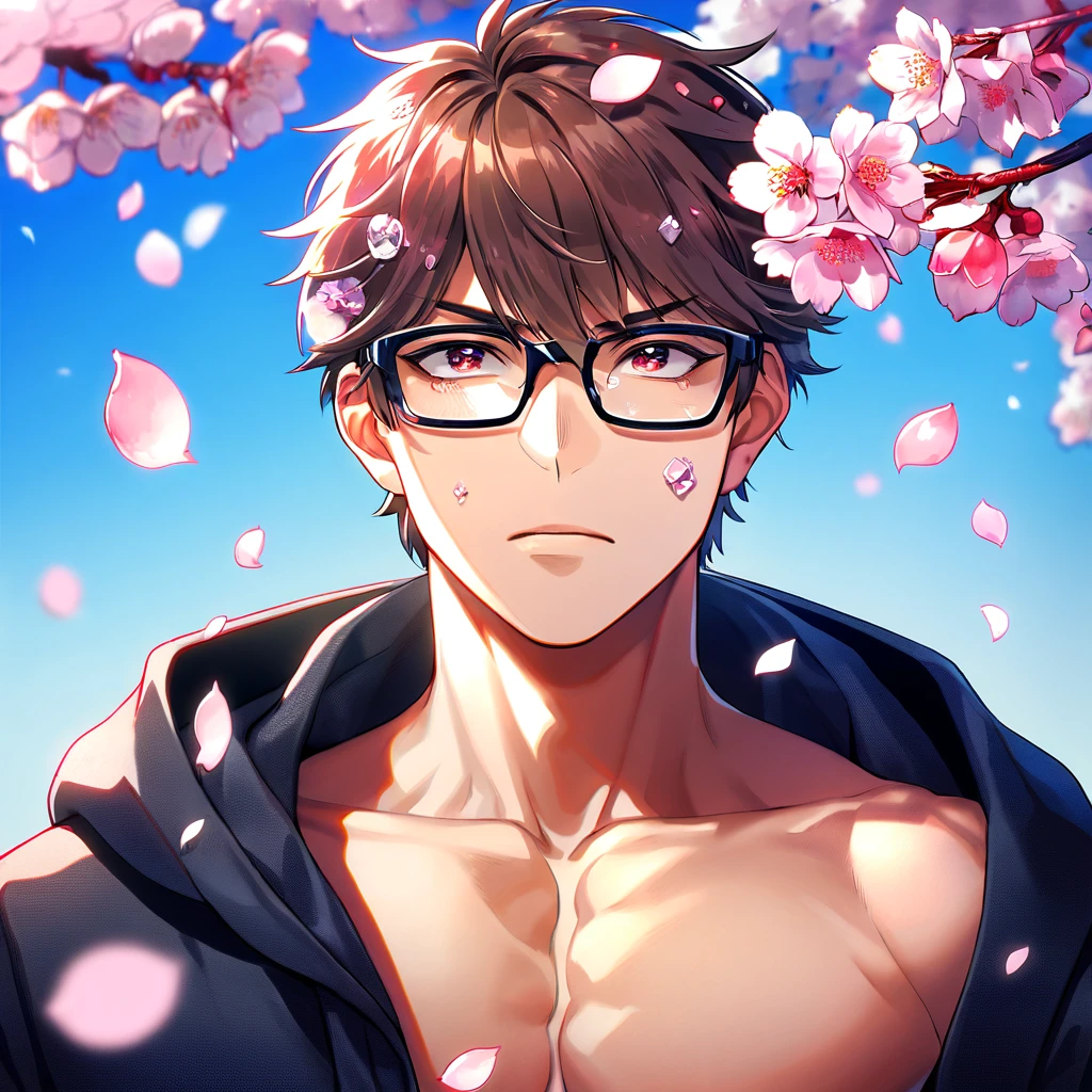 Ultra detailed, Highres, absurdres, HDR, Miyuki Kazuya, brown hair, expressive amber eyes, black coat with a hoddie, black glasses, Diamond No Ace, small pink butterflies, fantasy, toned chest, petals, handsome, sexy man, solo, very detailed eyes and face, master piece, best quality, blossoms, cherry blossoms, 