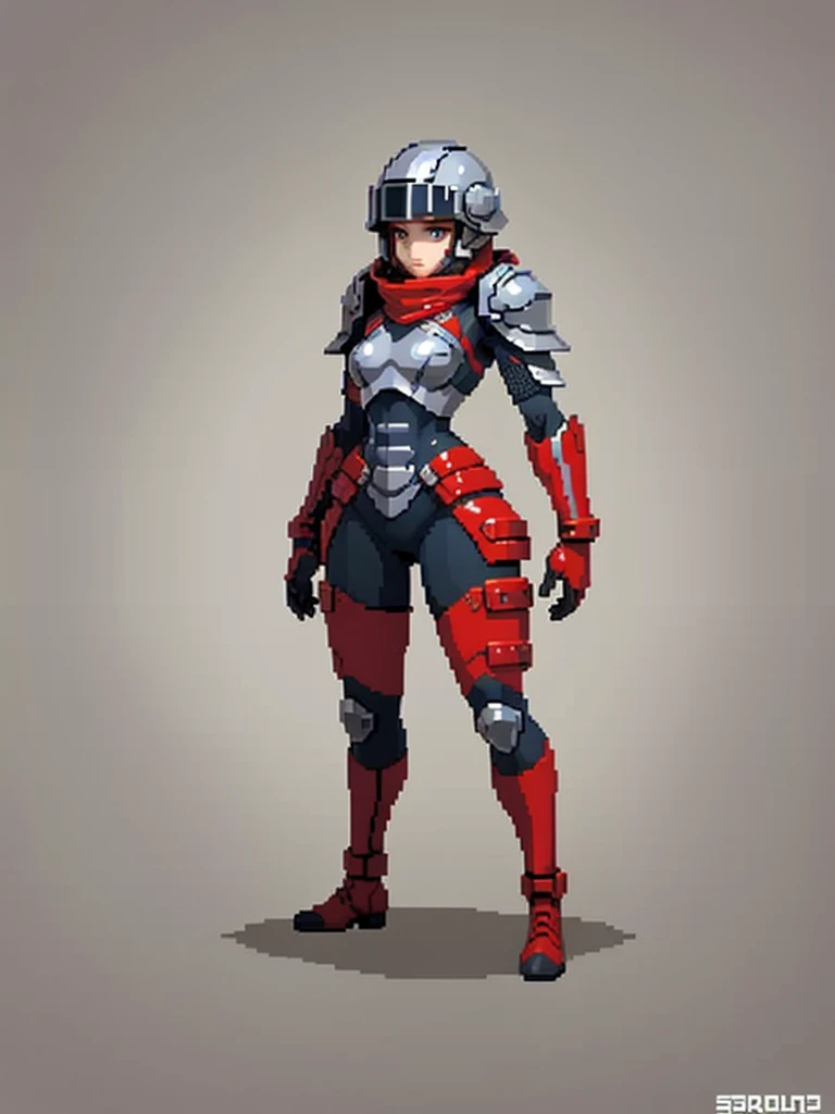 red padded armor, female soldier from the future with helmet, sidescroller game character