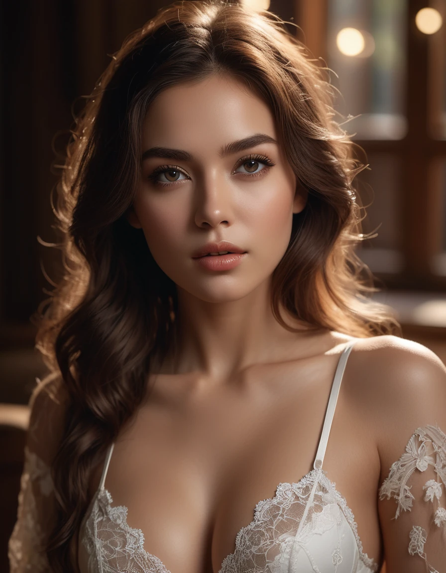 a beautiful girl wearing a white lace bra and a tiny white lace g-string and dark brown riding boots, extremely detailed face, beautiful detailed eyes, beautiful detailed lips, long eyelashes, flawless skin, intricate lace texture, sensual pose, dramatic lighting, cinematic composition, fantasy aesthetic, warm color palette, photorealistic, (best quality,4k,8k,highres,masterpiece:1.2),ultra-detailed,(realistic,photorealistic,photo-realistic:1.37)