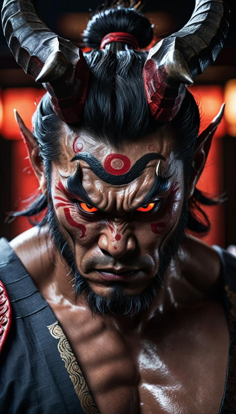 Realistic oni, intense expression, detailed skin texture, menacing aura, traditional Japanese attire, glowing red eyes, muscular build, intricate horns, dark background, cinematic lighting, high detail, photorealistic, ultra HD