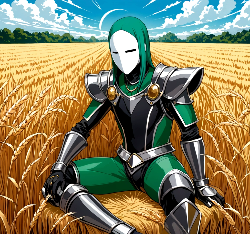 Sakuya, Magic Punk Style, Incredibly nonsense., concept art, best quality, perfect light, illustration, vanishing point, sit, look at viewer, adult male character, 1 boy, (No mouth.:1.3), focus man, Be a man, green hair, Smooth dyed, sparkling eyes, Tiring (Fantasy style crotch pads and shin guards:1.1), Wheat field, Intricately detailed background, Amazing background