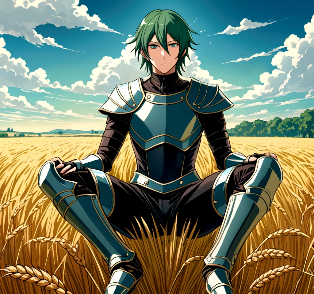 Sakuya, Magic Punk Style, Incredibly nonsense., concept art, best quality, perfect light, illustration, vanishing point, sit, look at viewer, adult male character, 1 boy, (No mouth.:1.3), focus man, Be a man, green hair, Smooth dyed, sparkling eyes, Tiring (Fantasy style crotch pads and shin guards:1.1), Wheat field, Intricately detailed background, Amazing background