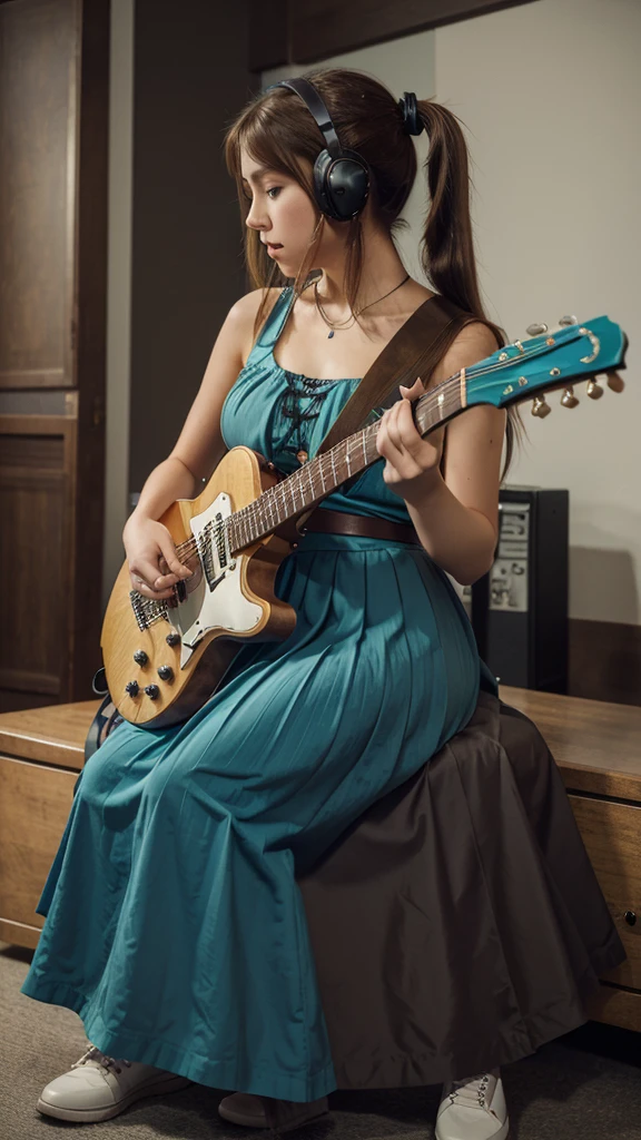 ((masterpiece, best quality))1girl, solo, fashion dress, electric guitar, headphones, ponytail, holding, holding plectrum, instrument, very long brown hair, music, one side up, teal hair, twin tails, playing guiter, pleated long skirt fashion, fashion dress, interior, full body, purple, sit down