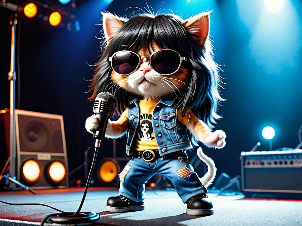 anthropomorphic kitten fluffy cartoon with very long hair black with bangs, singing with microphone in hand (black sunglasses with oval lenses) by Joey Ramone digital painting 3d cosplay Ramones pants jeans, All Star shoes in the background concert stage with several lights blue, isometric view, Cinematic, Hyperrealistic, Backlit, Extremely low angle, Highly detailed, scaled down, Unrealistic rendering, 16K
cover Ramones