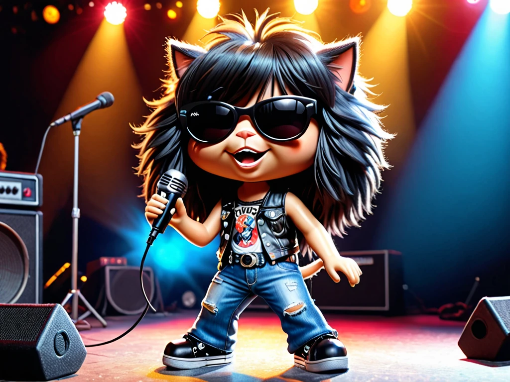 anthropomorphic kitten fluffy cartoon with very long hair black with bangs, singing with microphone in hand (black sunglasses with oval lenses) by Joey Ramone digital painting 3d cosplay Ramones pants jeans, All Star shoes in the background concert stage with several lights blue, isometric view, Cinematic, Hyperrealistic, Backlit, Extremely low angle, Highly detailed, scaled down, Unrealistic rendering, 16K
cover Ramones