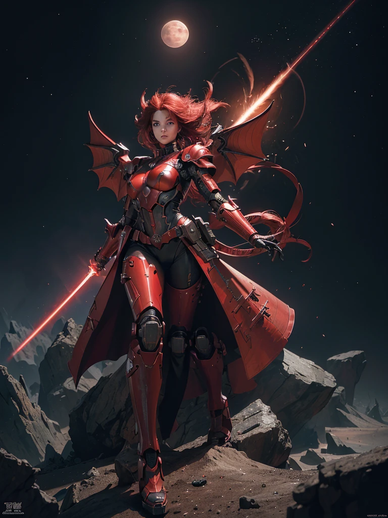 mechanized humanoid red dragon, holding beam sword, magic circle, mechanical red wings, science fiction, looking up, high resolution, masterpiece, best quality, ultra detailed, super fine illustration, red laser cannon on shoulder, no humans, shooting, straight-on, missile pod on waist, dynamic, red eye, moon over the castle,