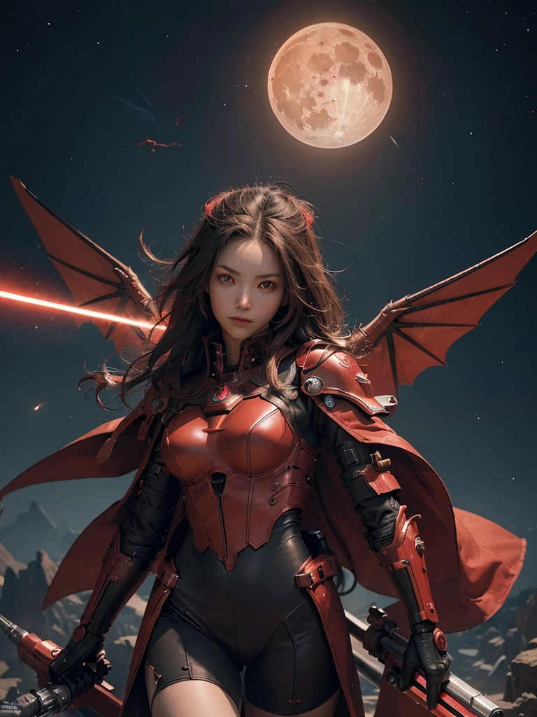 mechanized humanoid red dragon, holding beam sword, magic circle, mechanical red wings, science fiction, looking up, high resolution, masterpiece, best quality, ultra detailed, super fine illustration, red laser cannon on shoulder, no humans, shooting, straight-on, missile pod on waist, dynamic, red eye, moon over the castle,