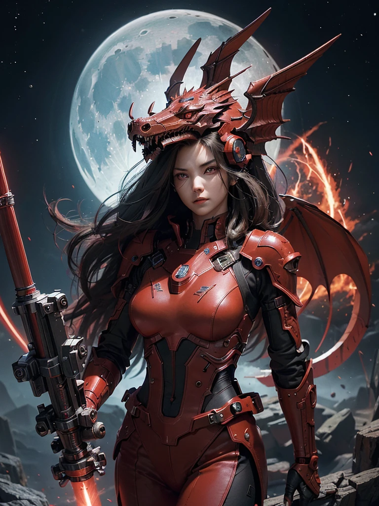 mechanized humanoid red dragon, holding beam sword, magic circle, mechanical red wings, science fiction, looking up, high resolution, masterpiece, best quality, ultra detailed, super fine illustration, red laser cannon on shoulder, no humans, shooting, straight-on, missile pod on waist, dynamic, red eye, moon over the castle,
