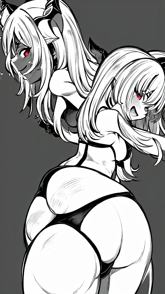 White hair, red eyes, hoodie, hood, bikini bottom, micro bikini, smile, cute smile, lusty smile, shy, blush, blushing, dark skin, thighs, thick thighs, big ass, red hearts, heart pupils, ass focus, demon horns, back view, looking back at viewer, holding own ass, grabbing own ass, anime, lineart, manga like, black and white,
