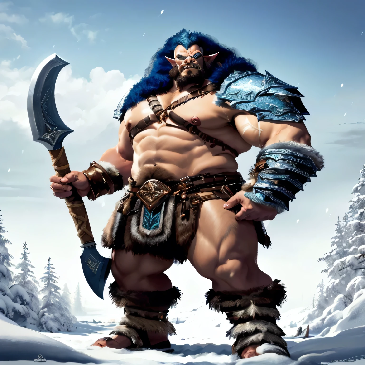 a close up of a troll with a large axe in a snowy area, male troll barbarian, fur-clad barbarian troll goliath, troll barbarian warrior, barbarian class, barbarian, picture of an adult male warrior, male warrior, attractive skinny male troll with leather armor, portrait berserker barbarian, frost giant, large ax