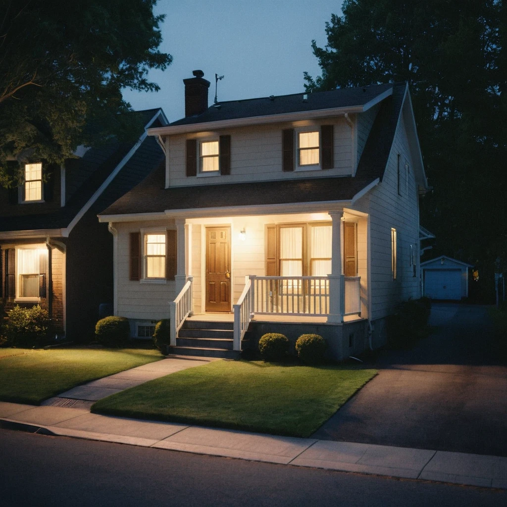 night shot of a typical townhouse from the 1970s, during the Motown era. The townhouse should be located in a suburban area, with a mix of single-family homes and apartment buildings. The house should be a two-story, single-family residence with a pitched roof, vinyl siding, and a small front yard with a lawn and a few trees.
The exterior should feature a warm, earthy color palette with a combination of brown, beige, and cream tones. The roof should be a dark brown or black asphalt shingle material. The windows should be double-hung, with white or cream-colored frames and shutters.
The front door should be a wooden with a brass or chrome door handle. The porch should be a small, covered area with a simple railing and a few steps leading up to the door, at night, one light is on in a bedroom on the second floor (gaussian blur:1.1) (high key photo masterpiece:1.2) raw photo, (film grain:1.3), depth field, bokeh, Best quality, masterpiece, ultra high res, (photorealistic:1.4), (smooth light:1.4), photorealistic, cinematic lighting, volumetric lighting, highly detailed and intricate
