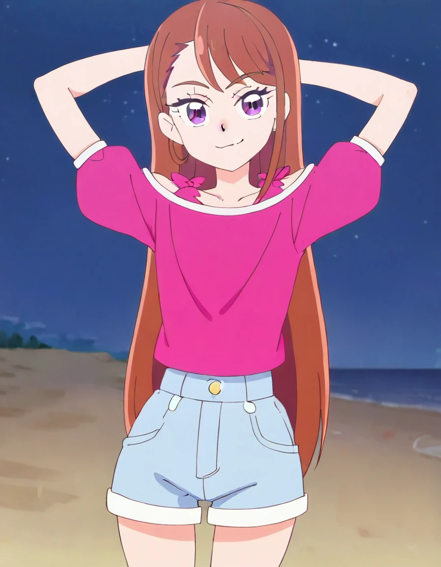 hijiri ageha, brown hair, long hair, purple eyes,
pink shirt, off-shoulder shirt, puffy short sleeves, denim shorts, high quality, solo, 1girl, night sky, beach, arms behind head, (contrapposto), closed mouth, spread armpits, (cowboy shot:1.5), looking at viewer, smile, best quality, smirk,