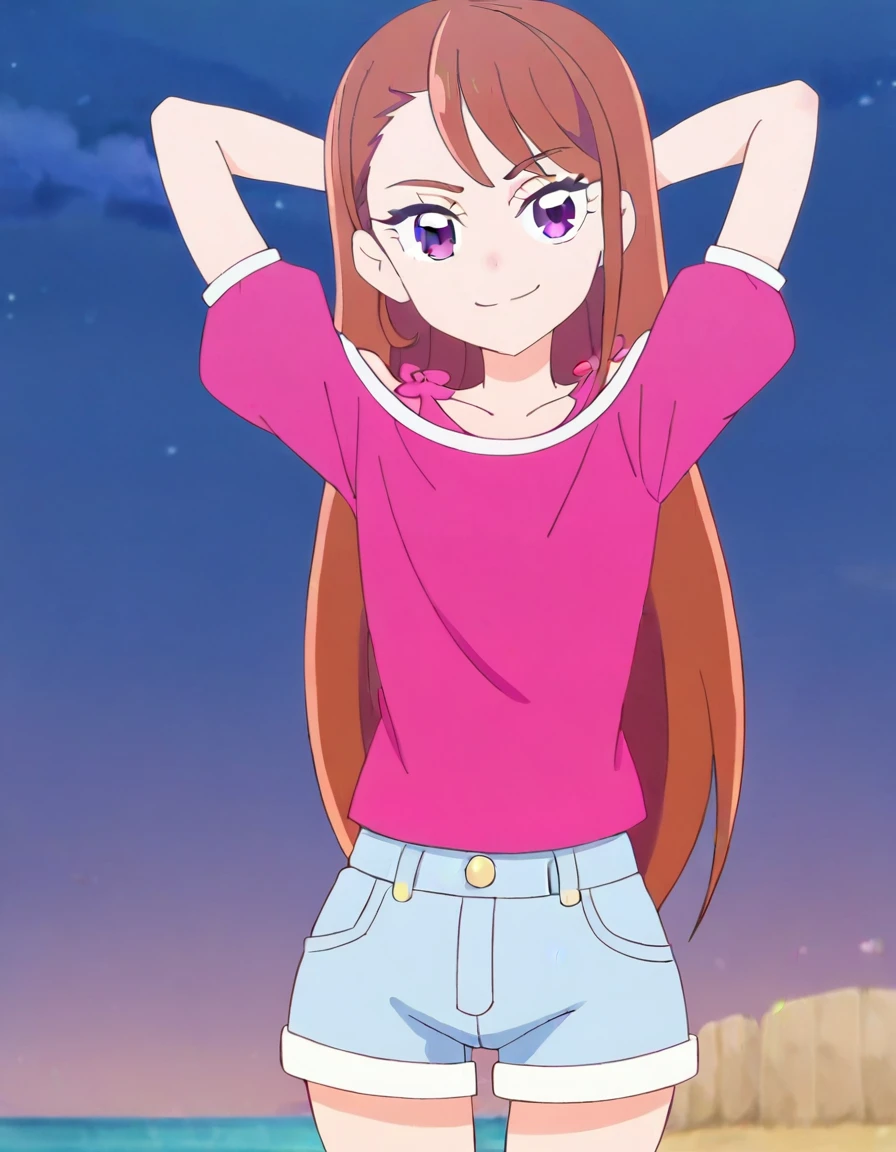 hijiri ageha, brown hair, long hair, purple eyes,
pink shirt, off-shoulder shirt, puffy short sleeves, denim shorts, high quality, solo, 1girl, night sky, beach, arms behind head, (contrapposto), closed mouth, spread armpits, (cowboy shot:1.5), looking at viewer, smile, best quality, smirk,