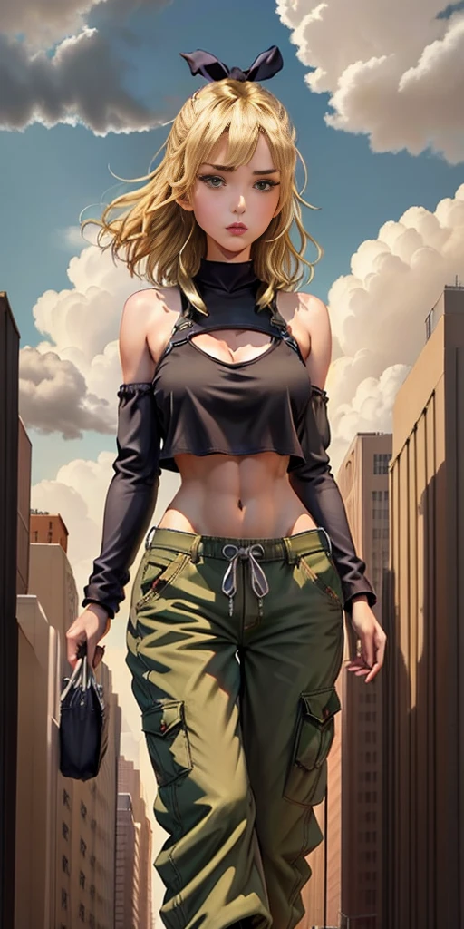 "A tall giant with a cool, relaxed hippie look in a crop top and baggy pants.. Her toned physique suggests her great strength.. She appears to be taking a leisurely stroll through the bustling streets of GTS City., Towering buildings overhead. Smoke and clouds swirling around her, Enhance the grand scale and drama. 照明がdark, dark, Realistic, Create a tense and ominous atmosphere. Perspective from the bottom, Emphasizing the majesty and power of giants.",Short blonde hair、（Black Hair Ribbon：0.4）、Green Eyes、((masterpiece)),(((Highest quality))), ((Super detailed)),