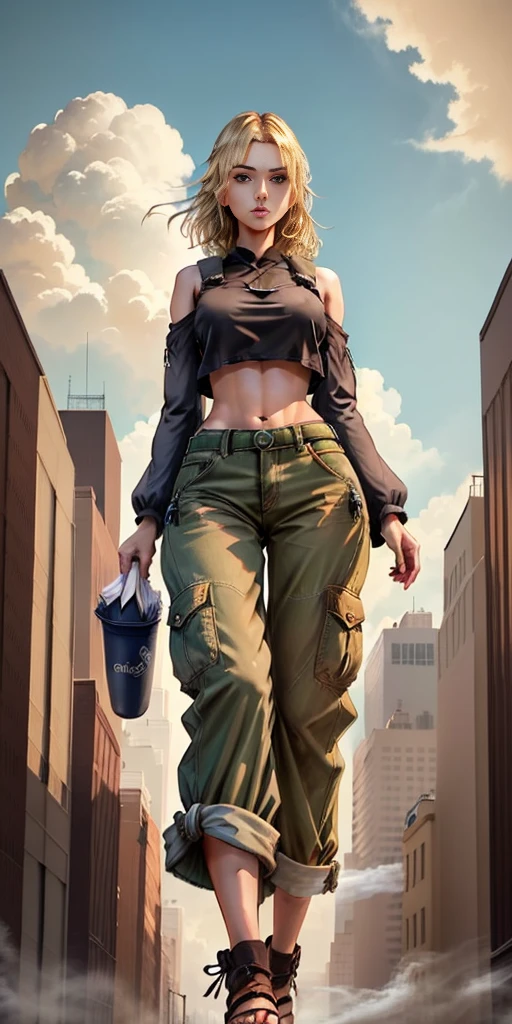 "A tall giant with a cool, relaxed hippie look in a crop top and baggy pants.. Her toned physique suggests her great strength.. She appears to be taking a leisurely stroll through the bustling streets of GTS City., Towering buildings overhead. Smoke and clouds swirling around her, Enhance the grand scale and drama. 照明がdark, dark, Realistic, Create a tense and ominous atmosphere. Perspective from the bottom, Emphasizing the majesty and power of giants.",Short blonde hair、（Black Hair Ribbon：0.4）、Green Eyes、((masterpiece)),(((Highest quality))), ((Super detailed)),