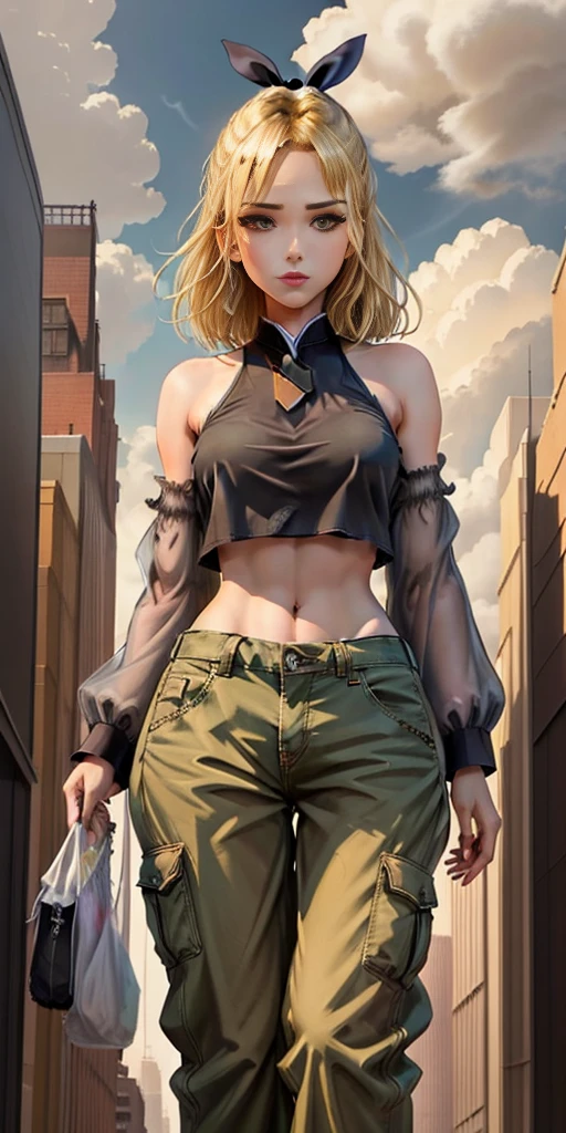 "A tall giant with a cool, relaxed hippie look in a crop top and baggy pants.. Her toned physique suggests her great strength.. She appears to be taking a leisurely stroll through the bustling streets of GTS City., Towering buildings overhead. Smoke and clouds swirling around her, Enhance the grand scale and drama. 照明がdark, dark, Realistic, Create a tense and ominous atmosphere. Perspective from the bottom, Emphasizing the majesty and power of giants.",Short blonde hair、（Black Hair Ribbon：0.4）、Green Eyes、((masterpiece)),(((Highest quality))), ((Super detailed)),