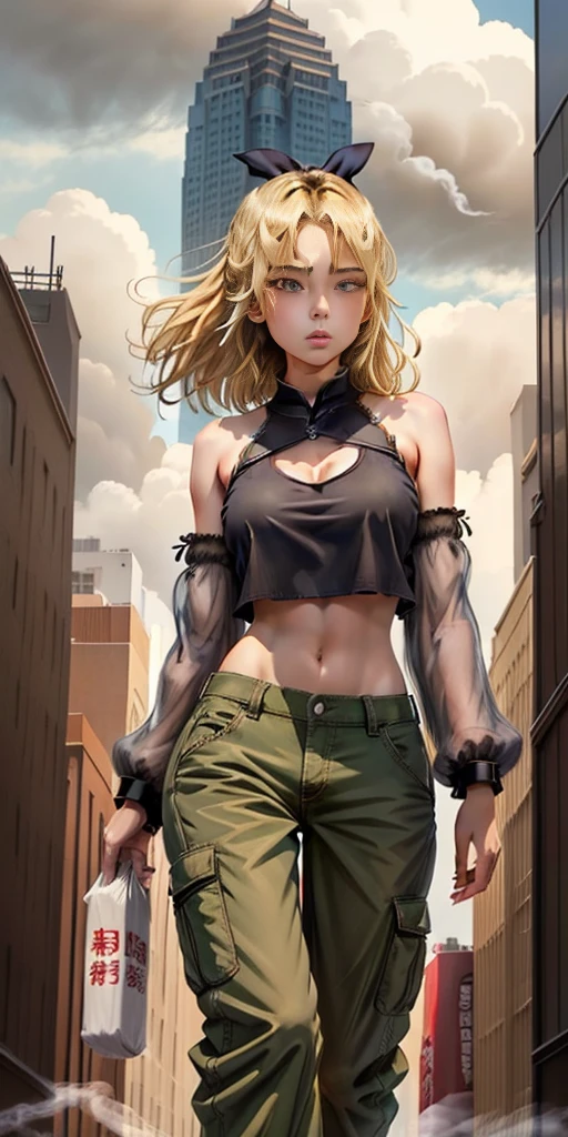 "A tall giant with a cool, relaxed hippie look in a crop top and baggy pants.. Her toned physique suggests her great strength.. She appears to be taking a leisurely stroll through the bustling streets of GTS City., Towering buildings overhead. Smoke and clouds swirling around her, Enhance the grand scale and drama. 照明がdark, dark, Realistic, Create a tense and ominous atmosphere. Perspective from the bottom, Emphasizing the majesty and power of giants.",Short blonde hair、（Black Hair Ribbon：0.4）、Green Eyes、((masterpiece)),(((Highest quality))), ((Super detailed)),