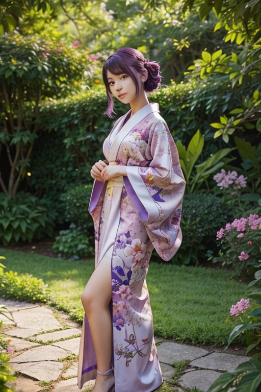 A girl in a garden, wearing a beautiful kimono. She has short, purple hair and captivating yellow eyes. Her ears are fluffy like those of a fox, while a fox tail gracefully curls behind her. The girl exudes an air of elegance and mystery, with her unique animalistic features. She is Hatsuse Izuna, a character from the anime "No Game No Life". The garden around her is filled with vibrant colors and lush greenery, creating a serene and peaceful atmosphere. The sunlight filters through the trees, casting a warm and gentle glow on the scene. Every detail is meticulously captured in this ultra-detailed artwork, showcasing the best quality and realism. The artist's skillful brush strokes and vivid colors bring the image to life, making it a masterpiece.