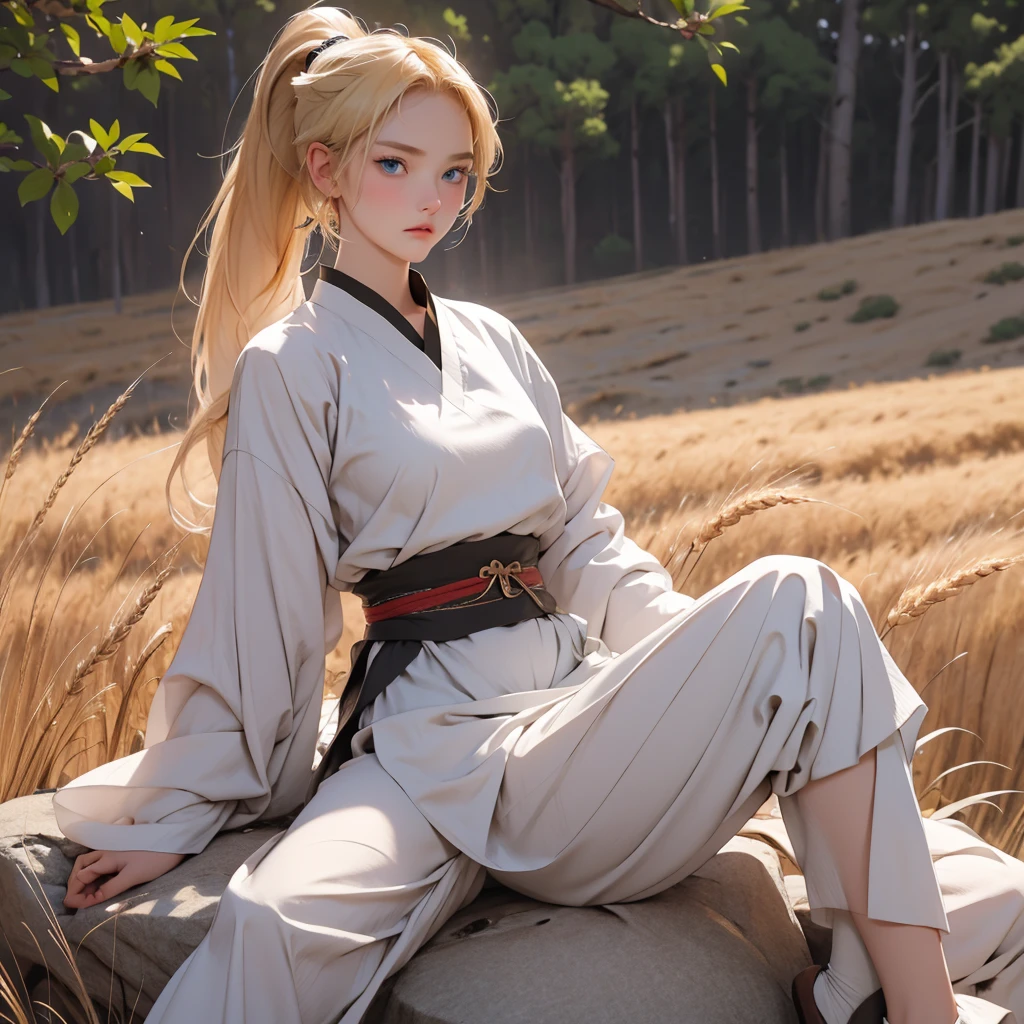 1girl, blonde ponytail, blue eyes, sexy traditional archery clothes, sitting on the rock, wide wheat field, angry face, 8K, Hi-Res