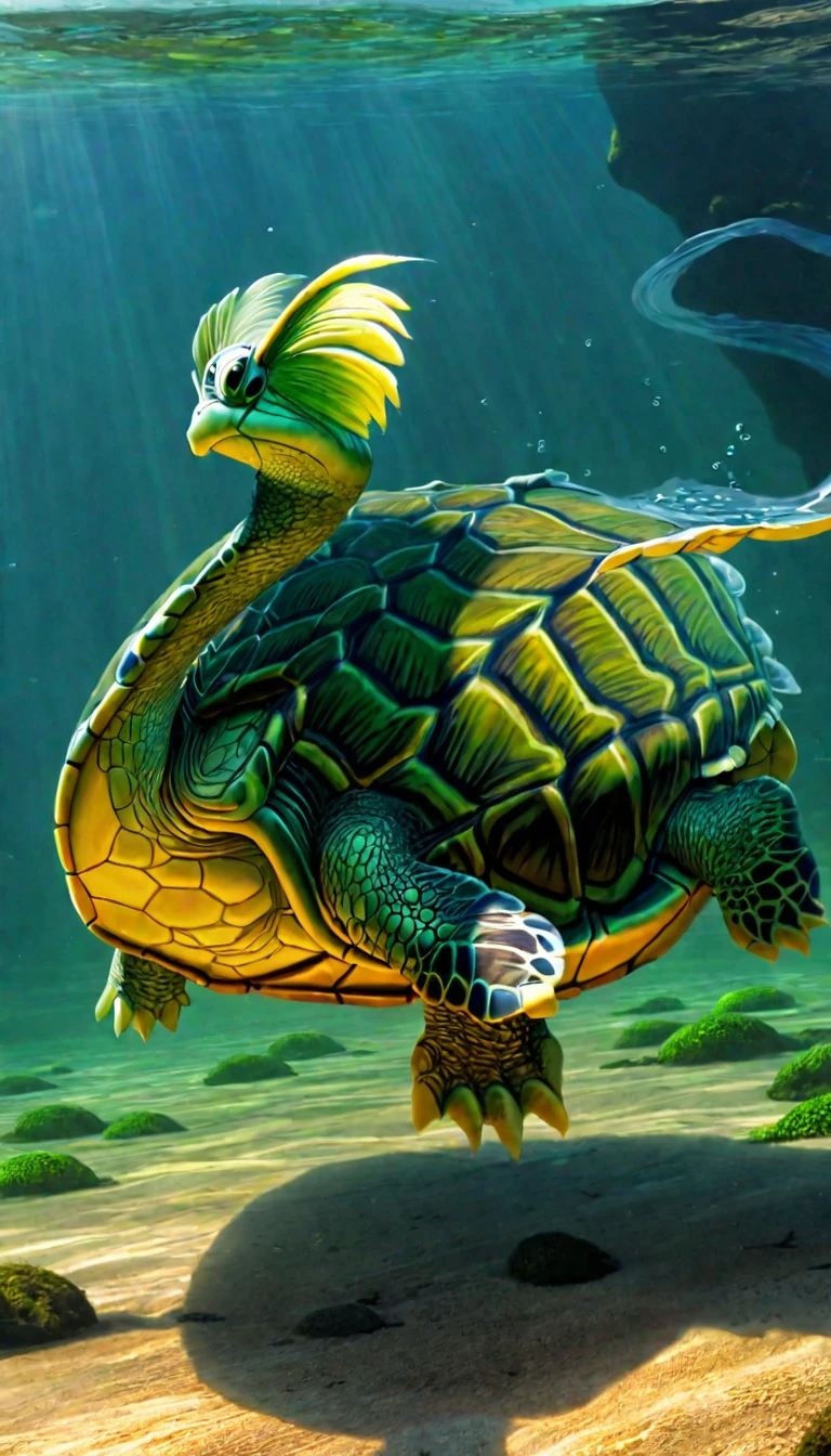 There are many magical turtles living at the bottom of the river,Its shape is no different from that of a turtle.,But it was a bird's eye view but a snake's tail,Mysterious Creatures, shrike, (best quality,4k,8k,High level,masterpiece:1.2),Ultra Detailed,(lifelike,Photo real,Photo real:1.37),Highly detailed animals,Complex patterns,Dramatic lighting,Fantasy Creatures