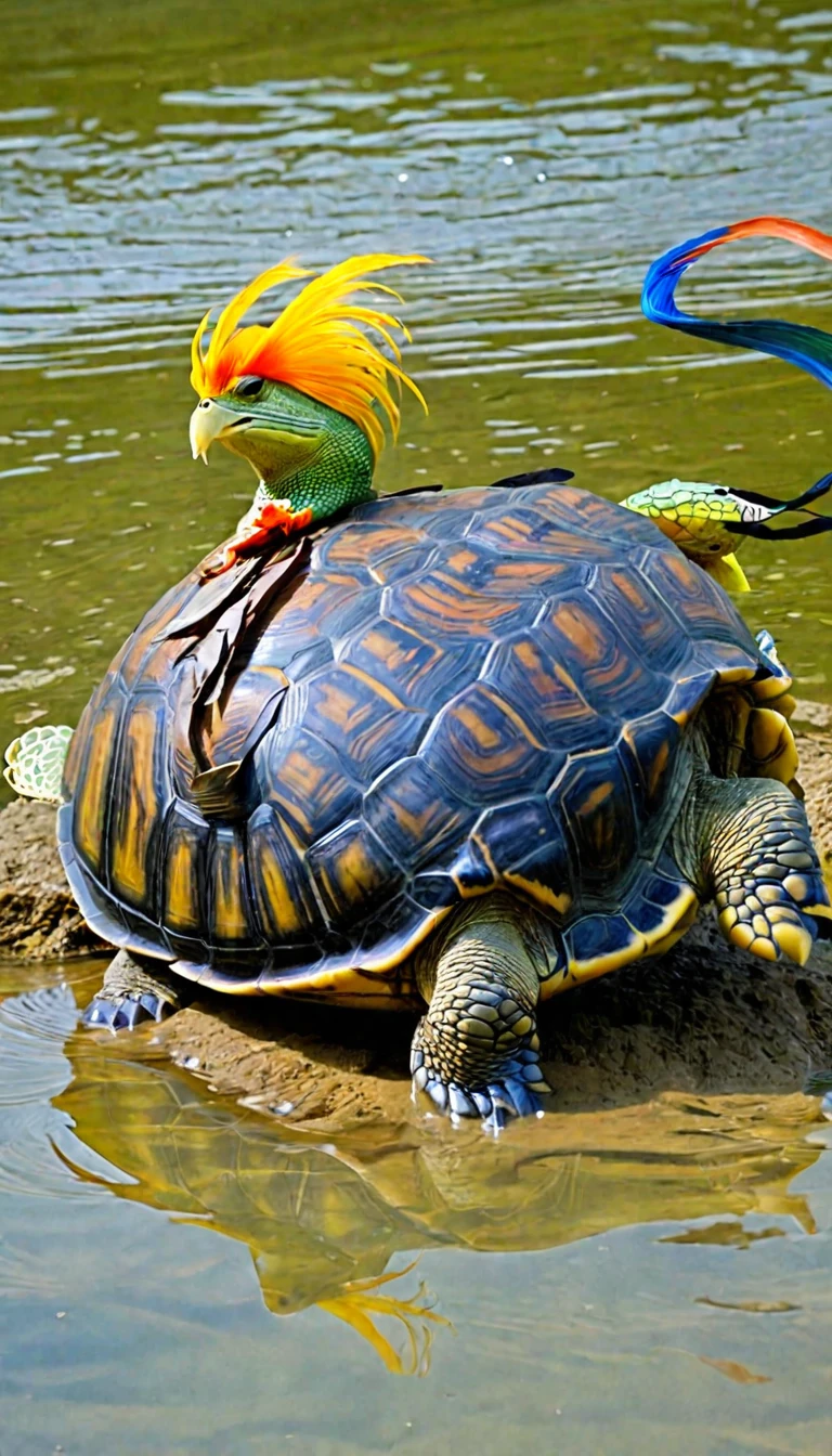There are many magical turtles living at the bottom of the river，Its shape is no different from that of a turtle.，But it was a bird&#39;s eye view but a snake&#39;s tail，Mysterious Creatures, shrike, (best quality，4k，8k，High level，masterpiece：1.2），Ultra Detailed，（lifelike，Photo real，Photo real：1.37），Highly detailed animals，Complex patterns，Dramatic lighting，Fantasy Creatures
