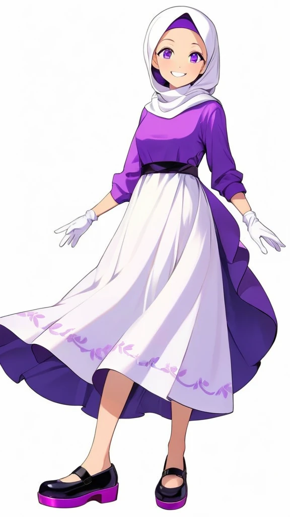 a tomboy girl with mature and smart expression, purple pupil eyes, wearing white hijab, long purple dress, women's white fabric gloves, female black shoes, happy face, vivid colors, anime style, white background