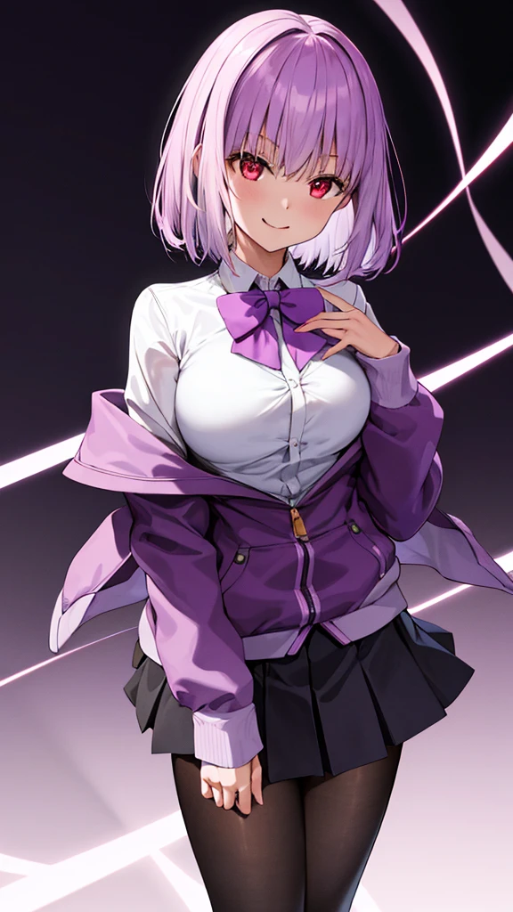 masterpiece, highest quality, High resolution, shinjou akane, One girl, alone, pantyhose, shirt, bow, skirt, purple Jacket, Jacket, white shirt, Long sleeve, short hair, black skirt, collared shirt, black pantyhose, Open clothes, bowtie, purple bow, chest, bangs, Red eyes, pleated skirt, Off the shoulder, open Jacket, Sleeves are longer than the wrist, Light purple hair, purple bowtie, miniskirt,  Cowboy Shot,too evil smile,smile worst,looking down at viewer,laugh worst,evil laugh,deep shaded face,laugh face,big monster ,dark purple backgrounds,two hand,five fingers,two legs,