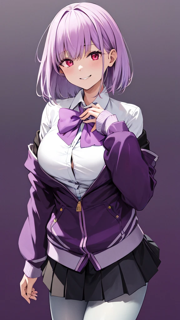 masterpiece, highest quality, High resolution, shinjou akane, One girl, alone, pantyhose, shirt, bow, skirt, purple Jacket, Jacket, white shirt, Long sleeve, short hair, black skirt, collared shirt, black pantyhose, Open clothes, bowtie, purple bow, chest, bangs, Red eyes, pleated skirt, Off the shoulder, open Jacket, Sleeves are longer than the wrist, Light purple hair, purple bowtie, miniskirt, Cowboy Shot,too evil smile,smile worst,looking down at viewer,laugh worst,evil laugh,deep shaded face,laugh face,big monster ,dark purple backgrounds,two hand,five fingers,two legs,