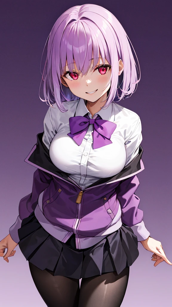 masterpiece, highest quality, High resolution, shinjou akane, One girl, alone, pantyhose, shirt, bow, skirt, purple Jacket, Jacket, white shirt, Long sleeve, short hair, black skirt, collared shirt, black pantyhose, Open clothes, bowtie, purple bow, chest, bangs, Red eyes, pleated skirt, Off the shoulder, open Jacket, Sleeves are longer than the wrist, Light purple hair, purple bowtie, miniskirt,  Cowboy Shot,too evil smile,smile worst,looking down at viewer,laugh worst,evil laugh,deep shaded face,laugh face,big monster ,dark purple backgrounds,two hand,five fingers,two legs,