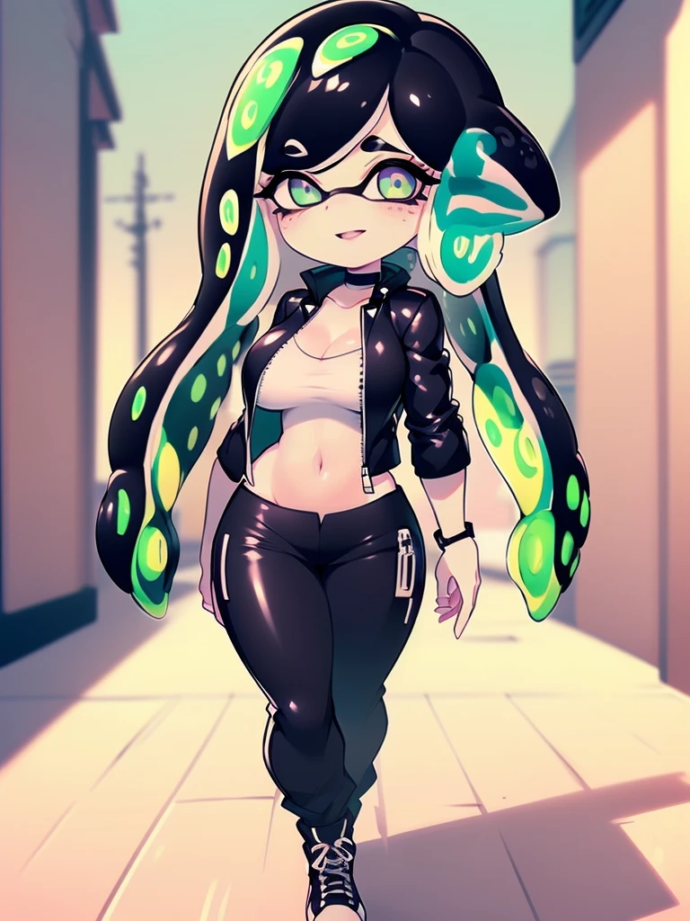(Masterpiece, Hyper detailed, Best quality, UHD, Ultra high resolution,16K), (((3D))), (((Anatomically correct))), (Splatoon style), Aria_Wintermint_(Parororo), (:D expression), (Random poses), 1female, Mature, (Bg breasts), Perfectly round breasts, (revealng fully unziped leather jacket showing clevage, black rocker pants:1.5), ((Black choker)), (Shiny skin, Wet Skin, water dripping off skin, fair skin, Soft skin), Voluptuous, Sexy, Curvy waist, Wide hips, (Teal eyes, Hyper detailed eyes, Shiny eyes, Pieeyes, ultra-intricate pupil in eyes, Round eyes, One eye covered by hair, Longeyelashes:1.5), (Freckles, freckles on chest:1.3), Long elf ears, (Splatoon style hair, Black hair, Long very straight hair:1.5), (Glowing, Glimmering), (Simple shading, Thick lines, Blurred_background), ((walking down a sidewalk in Inkopolis)), AGGA_ST009